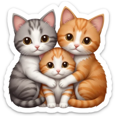 3 very small kittens cuddling together all different colours, the first one is grey and white, the second is ginger and white and the third is brown tabby and white sticker