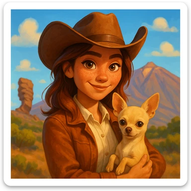 Portrait of a female cowboy with cream shirt and cognac-colored jacket, freckles, tanned skin, hazel eyes, auburn-highlighted hair, holding a beige chihuahua in her arms, with a blurred background of Tenerife, in a bright and expressive Pixar art style illustration sticker