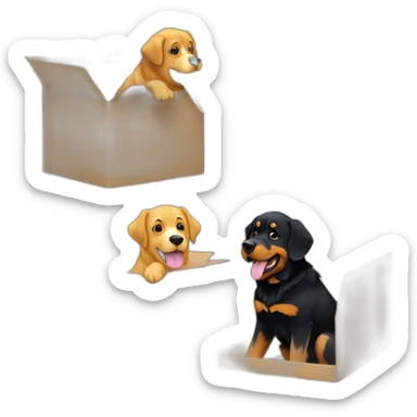 A Rottweiller hugging golden retriever in box sticker