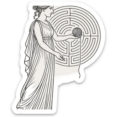 Ariadne from Greek mythology, offering a ball of thread, wearing a flowing dress, with a labyrinth in the background sticker