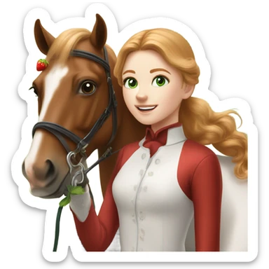 Extremely attractive and feminine white teen girl with green eyes and medium length strawberry blonde hair wearing traditional English riding gear giving a treat to a brown and white paint horse sticker