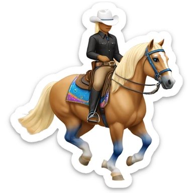 A palomino horse with a white blaze over its left eye , blue leg guards, and a western saddle with a colorful pad, ridden by a rider in a black blouse, white hat and beige chaps, making sliding stops with lots of sand.  sticker