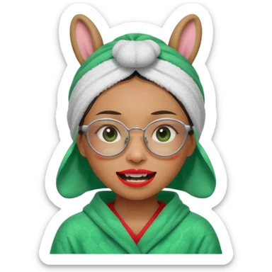 Asian woman who has a big rabbit front teeth wearing a green towel in her head with a broken glasses on her face in red pajamas sticker