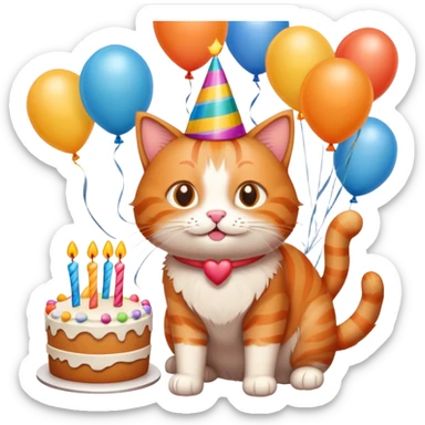 Ginger cat celebrates birthday, birthday hat, birthday cake, balloons, happy sticker
