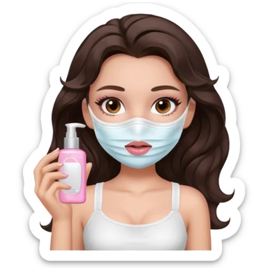 generate a pretty fair bratz girl with dark brown eyes. Dark brown hair wavy hair. light pink lipgloss. white cami top. doing skincare.  sticker