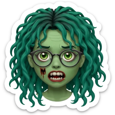 One female green-skinned, zombie super pretty with glasses, with ombre black roots & dark teal long locks and a side bang of her locs that fall over the right eye and a sinister expression with the mouth open, teeth showing, and the jaw uneven. with a small wound near its mouth. Make her locks curly sticker