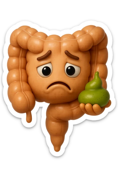 emoji stile iphone 3d di un intestino con espressione triste con cacca verde e liquida in mano, iperrealistiche 4k sticker