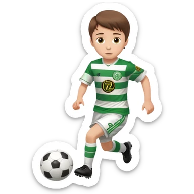 Celtic footballer jersey logo  6 years old brown hair white boy , brown eyes , stripes uniform , RUNNING  with soccer ball # 17 celtic football logo PUT ONLY ONE LOGO ONE CELTIC LOGO ONLY  sticker