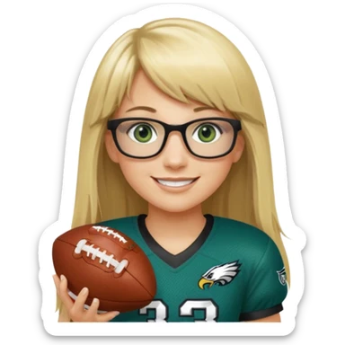 long blonde hair with bangs small black rectangle glasses female green eyes football player wearing eagles jersey number 33 holding football sticker