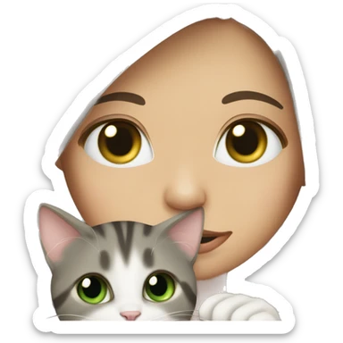 A girl with long brown hair and green eyes holds a gray tabby cat with green eyes in her arms sticker