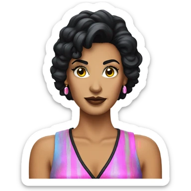 Tanned woman with black hair dressed in 1980s rock hair, makeup, and neon attire  sticker