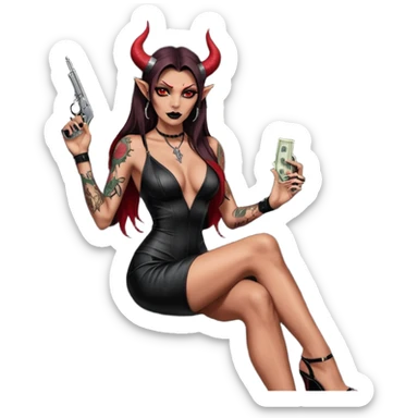 Lilith model red eye sexy black  devil horns.  long brown haired sexy succubus woman with leather long dress slit, sitting in limo. Wearing Black Platform high heels on feet. Tattoo sleeve arms, she has stacks of cash and a man dead human skull is on top of stack of cash and a gun in  hand sticker