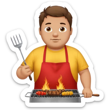 chubby man messy hair and dirty yellow shirt and a red apron grilling bbq and skewers on a sizzling grill sticker