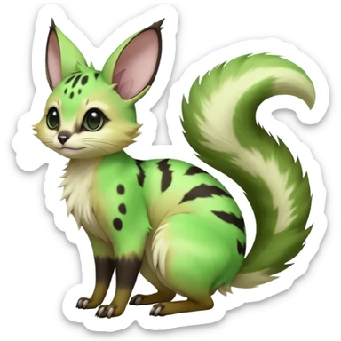  hyper-realistic neon-green-gradients black-pointed natural realistic divine beautiful elegant pretty precious cute young youthful  Fakémon-Pokémon-alien-opossum-squirrel-feline-serval-caracal-chinchilla-Minccino-Cinccino-Meowstic-rodent-hybrid-creature with a big fluffy bushy tail (full body) sticker