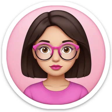 pele branca mas não tão pálida, franja acima da testa, cabelo abaixo um pouco do ombro, cabelo cor castanho escuro igual os olhos, olhos grandes, bochechas um pouco grande, lábios rosada, óculos redondo meio quadrado sticker