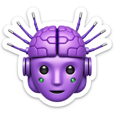 3D emoji icon of a purple circuit-patterned brain, small robot head with antennas on top, glowing binary ring, clean white background, minimalist tech style." sticker