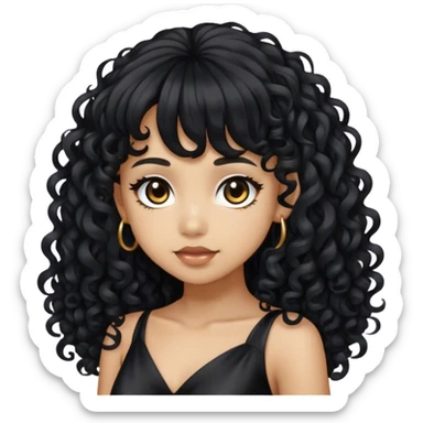 Light skin girl with black very long curly hair with bang, brown eyes, black dress sticker