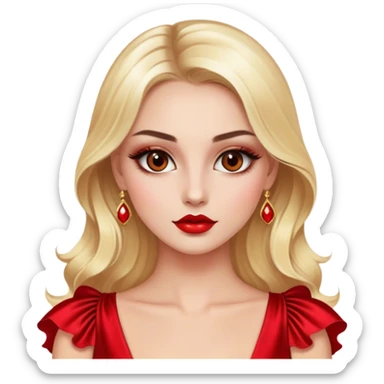 Blonde model with brown eyes, red silk dress, luxury makeup sticker