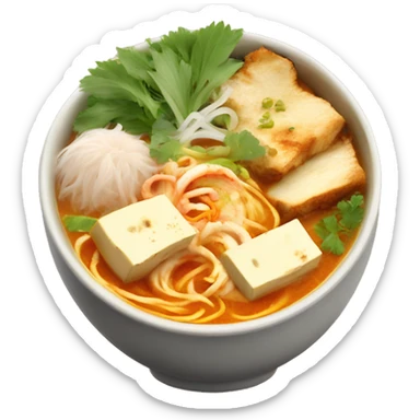 A bowl of laksa soup with tofu , chicken   sticker