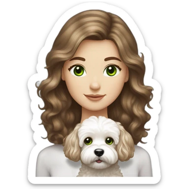 Long brown hair, green eyes, Caucasian girl with white maltipoo sticker