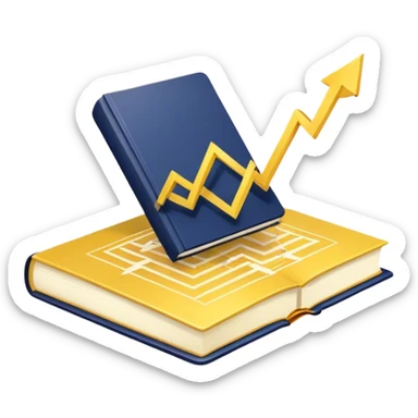 A yellow productivity book with navy blue and gold details, and chart with upward trend aura, radiating productivity, strategy, and success in motion with time and happiness yellow... power in time aura of happiness sticker