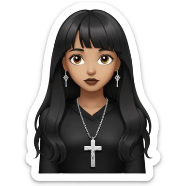 Brown girl with a lighter skin tone, long wavy hair, straight bangs, extremely black hair, more gothic appearance but not too gothic, silver-toned crucifix pendant, Black clothes, she doesn't wear earrings sticker