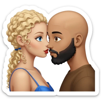 bald head man with brown eyes and black beard kissing African woman with blue eyes and curly blonde hair sticker