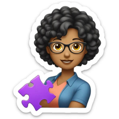 plump woman teacher in glasses with curly black hair holding large puzzles in her hands sticker