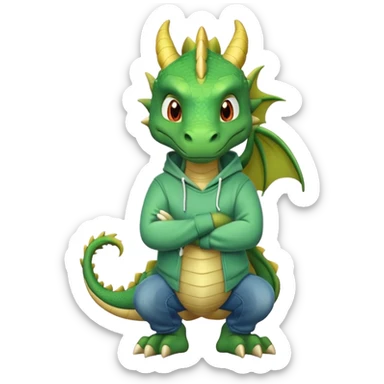 friendly anthropomorphised green dragon in a hoodie and jeans with arms folded, relaxed pose sticker
