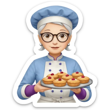 Older female pastry chef – round glasses, oven mitts on, holding a tray of pastries.

 sticker