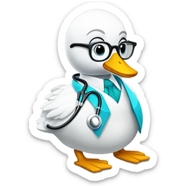 an adult swan dressed with a clinician costume with glasses and a stethoscope sticker