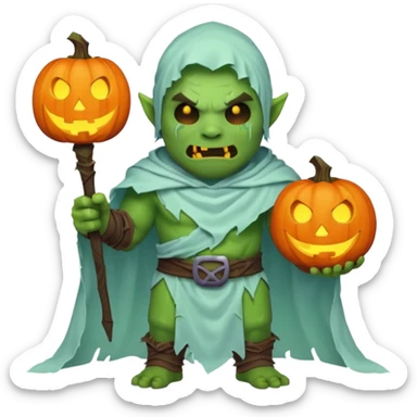 male orc warrior ghost emoji, green skin, wearing torn white ghost sheet costume, holding glowing jack-o'-lantern, faint blue aura, friendly but spooky expression, Halloween fantasy theme, Apple emoji style, clean white background, square sticker