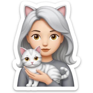 Haz una imagen estilo emoji de iPhone con una chica blanca de cabello ondulado claro tomando en brazos a su gato gris con blanco sticker
