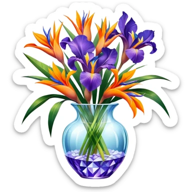 Lots of iris flowers mixed with strelitzia flowers in crystal vase sticker