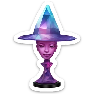 Glass sculpture Mage hat with a geometric, faceted design. The hat is standing upright on a base with angular and baroque features. The vibrant midtone tints of pastels and pink highlights the sharp edges and planes.  sticker