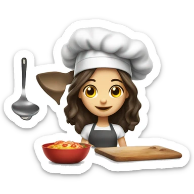 Brunette long haired girl in a cook hat makes dinner  sticker