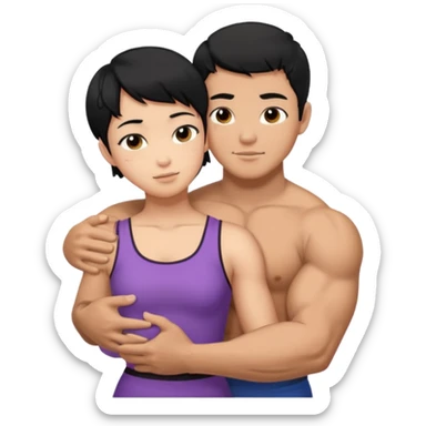 buff Asian Man black hair hugging girl with black pixie cut  sticker