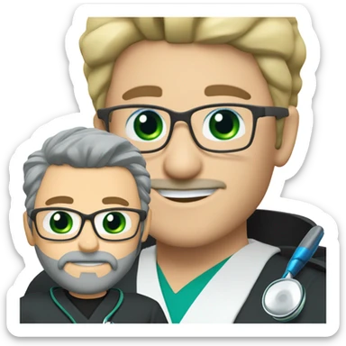 male blond doctor with grey beard with blue-green eyes and wire glasses in black scrubs holding a paintbrush sticker