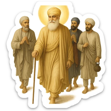 Guru Nanak Dev Ji, walking with followers, gentle smile, flowing robes, luminous aura, respectful and inspirational style sticker