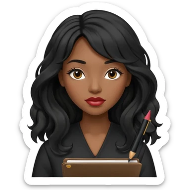 A young woman with long black hair, a wavy frange falling on half of her head.  She's black, medium to dark skinned with thick lips. She's holding something that let's us know she's the CEO of a creative agency, but she's wearing black casual clothes. she has long eyelashes. sticker