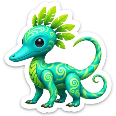 futuristic lush tropical exotic patterned swirly random-colored neon-colored Fakémon-Trico-creature (full body) sticker