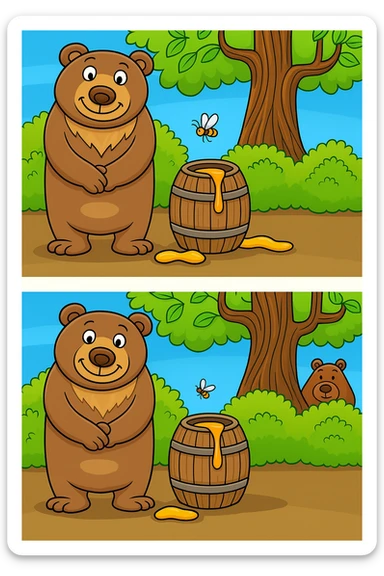 Create a second variation of the cartoon bear and honey barrel scene for a 'find the three differences' quiz. Make three different subtle changes from the original: change the shape of the tree, move the position of the bee, and alter the shape or details of the honey barrel. Keep the style and layout consistent with the original image. sticker