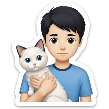 teenage boy with black hair wearing blue short sleeve shirt holding a white ragdoll cat sticker