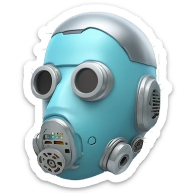 Pastel blue haircyborg head with silver respirator mask and circuits sticker