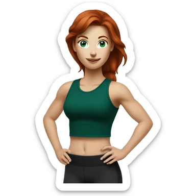 Dark Redhead fitness girl with blue eyes in dark green top with coffee sticker