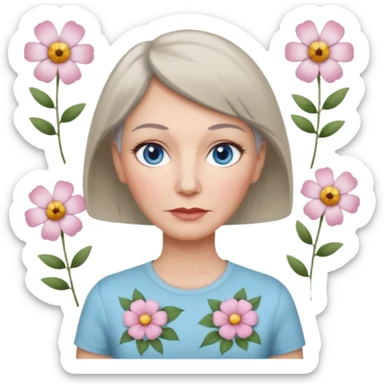 a woman in her 50s with bambi light blue eyes, pale tan and with rosacea, greyish short hair and body really slim and tall, grey thin eyebrows and thin lips and a tshirt with a flower pattern or red one sticker