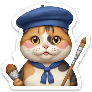 A cute chubby cat that is an artist, full body shown sticker