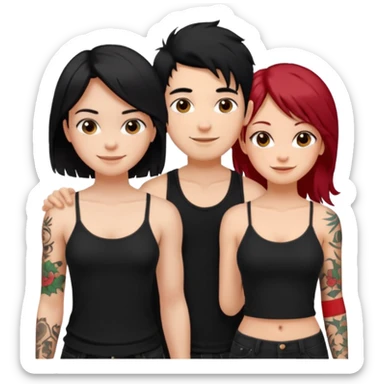 generate a fair boy with messy black hair, tattoos. standing beside a fair black haired girl wearing a black cami top and a tan girl with red hair sticker