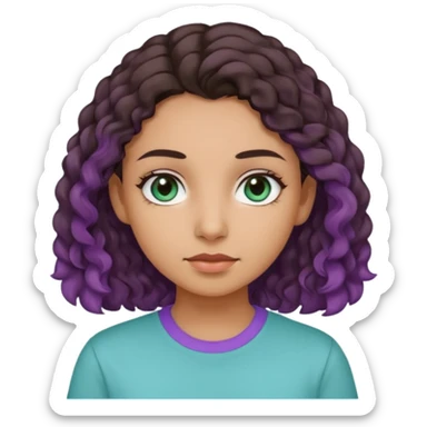 Girl with olive skin, teal eyes, slightly curly dark brown hair, light purple shirt sticker