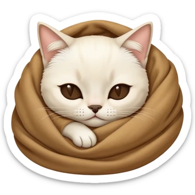 A white Siamese cat sleeps in a brown blanket sticker